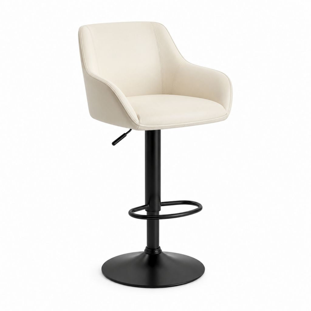 Sgabello da bar girevole regolabile beige in pelle PU con schienale e braccioli 54 x 52 x 88-108 cm
