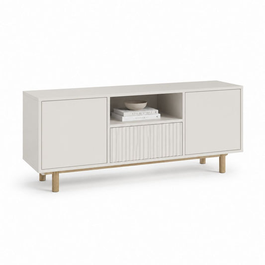Mobile TV bianco in MDF rettangolare con gambe in legno massello 160 x 40 x 60 cm