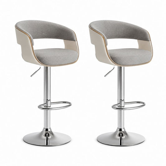 Set di 2 sgabelli da bar regolabili grigio e beige in poliestere PU e acciaio cromato 54 x 52 x 89-109 cm