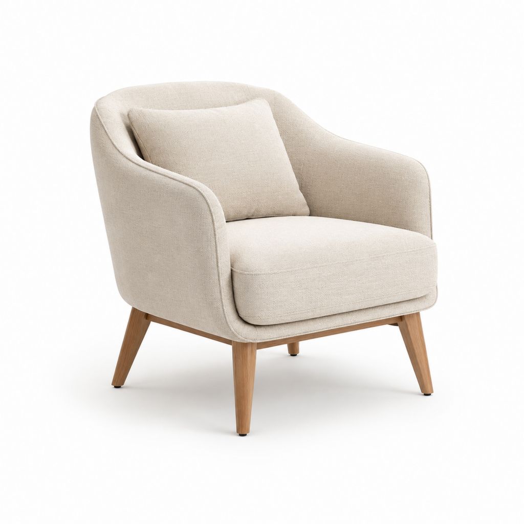 Poltrona imbottita beige in poliestere con cuscino e gambe in legno massello 76 x 78 x 82 cm