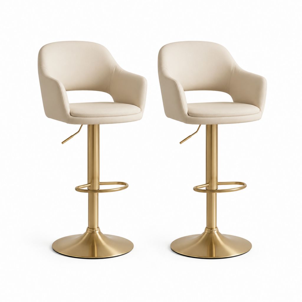 Set di 2 Sgabelli da Bar Girevoli Regolabili Beige in Pelle PU e Acciaio Dorato 50 x 52 x 91-112 cm