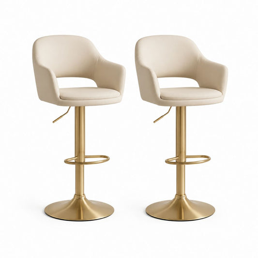 Set di 2 Sgabelli da Bar Girevoli Regolabili Beige in Pelle PU e Acciaio Dorato 50 x 52 x 91-112 cm