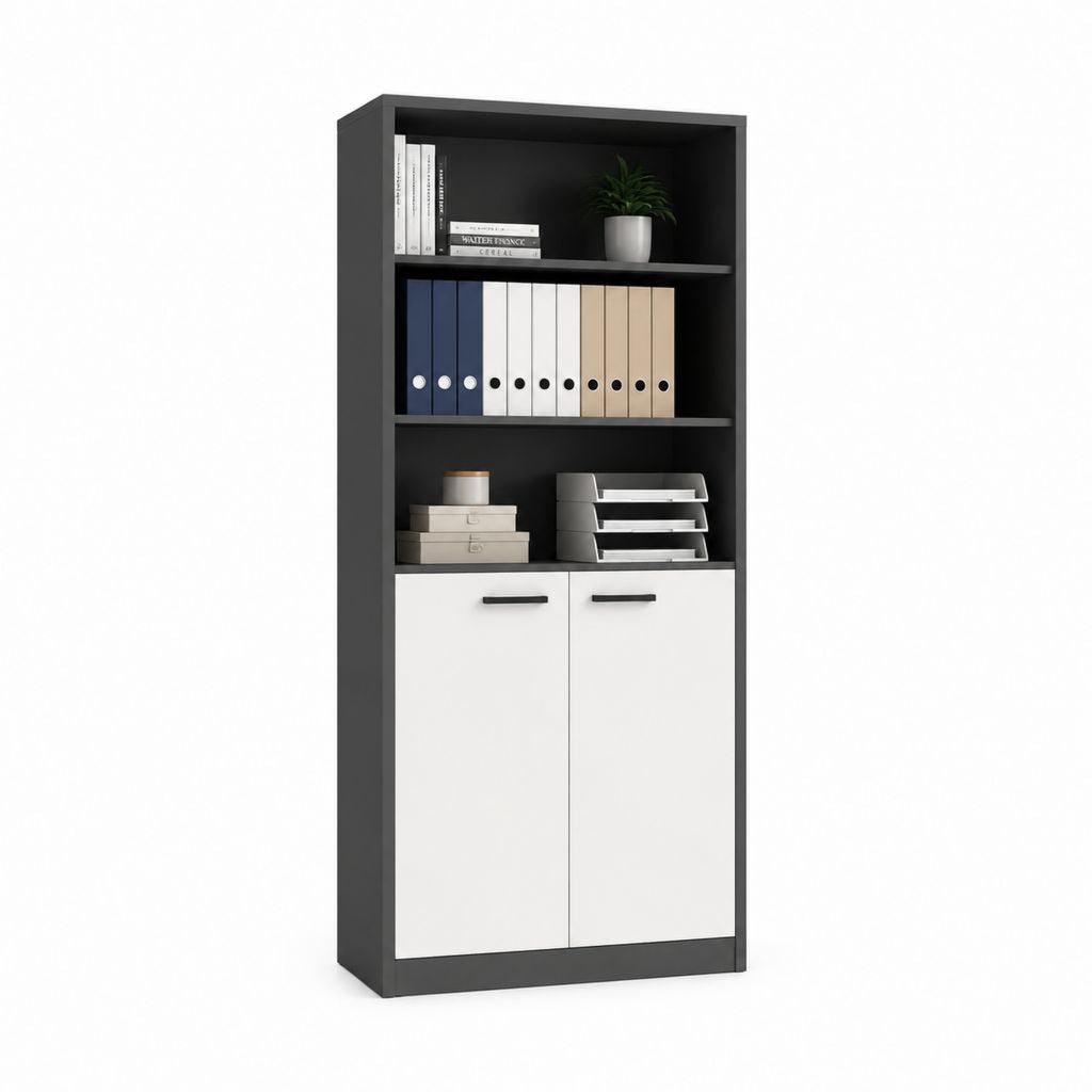 Armadio da ufficio alto nero e bianco in pannello truciolare nobilitato rettangolare con 2 ante e 3 ripiani 80 x 40 x 180 cm