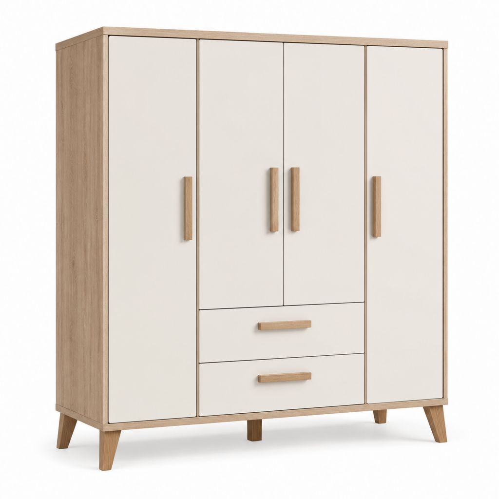 Armadio guardaroba 4 ante 2 cassetti bianco rovere in pannelli di particelle 160 x 52 x 200 cm