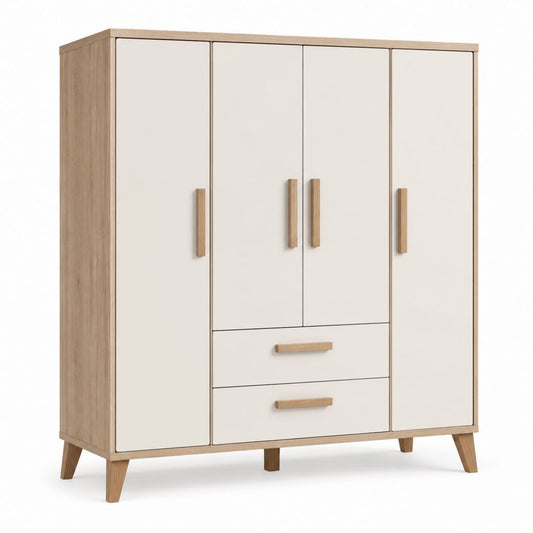 Armadio guardaroba 4 ante 2 cassetti bianco rovere in pannelli di particelle 160 x 52 x 200 cm