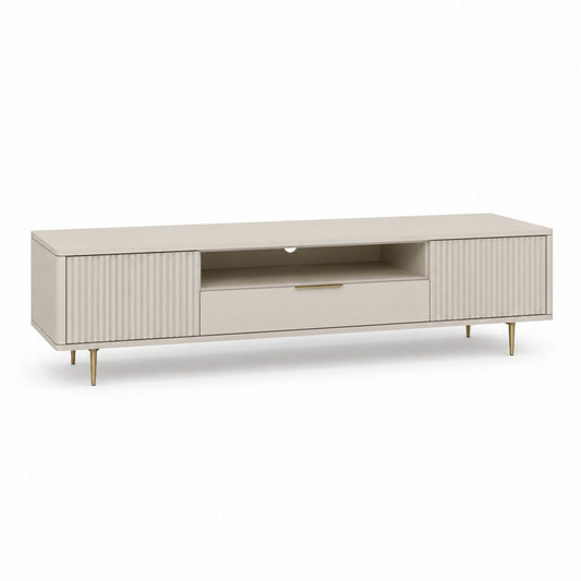 Mobile TV rettangolare avorio in MDF con ante scanalate e gambe dorate 180 x 40 x 50 cm