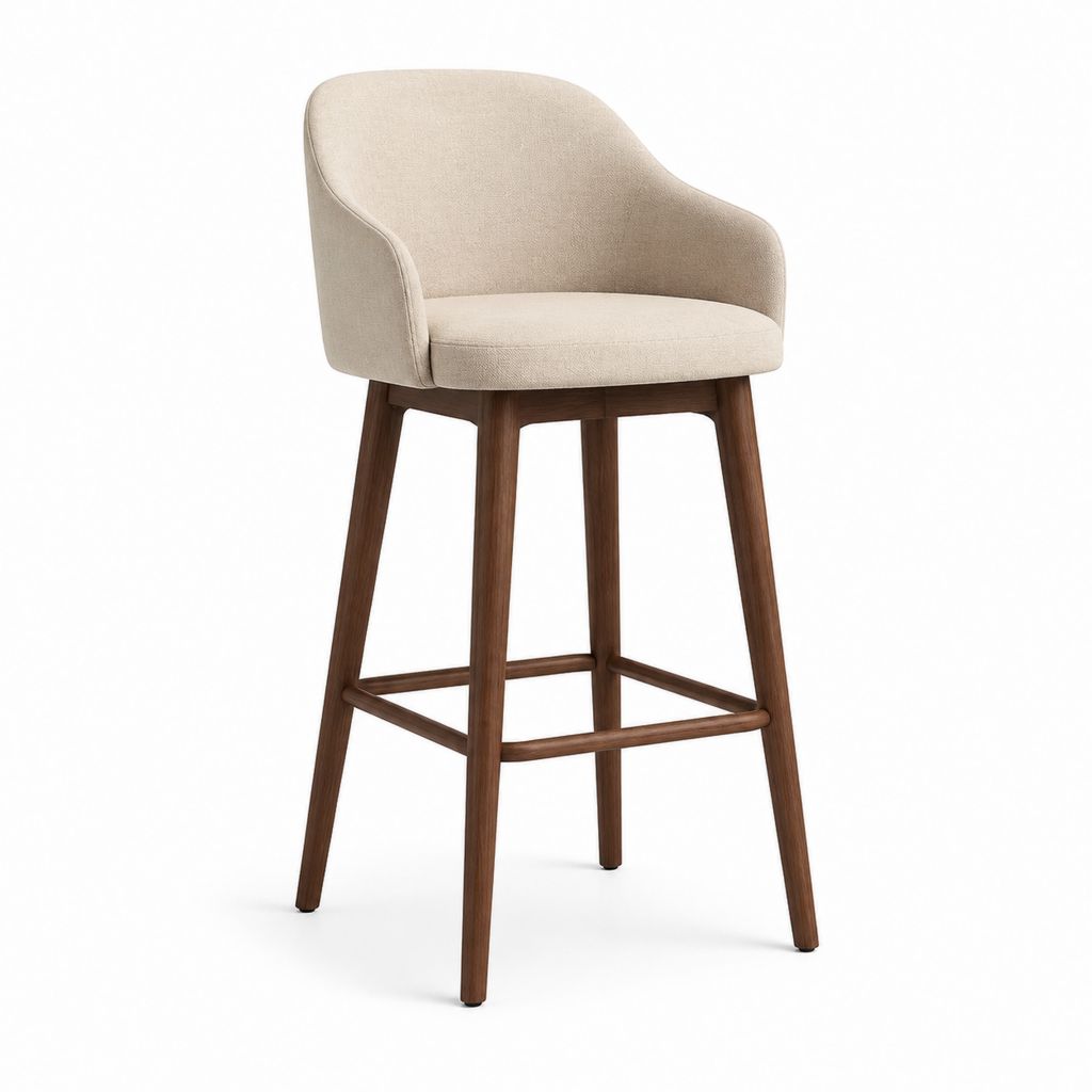 Sgabello da bar con braccioli beige in poliestere e legno massello di noce 54 x 55 x 101 cm