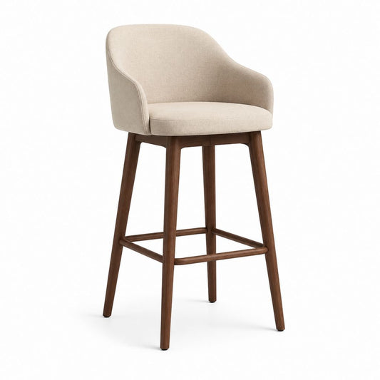 Sgabello da bar con braccioli beige in poliestere e legno massello di noce 54 x 55 x 101 cm