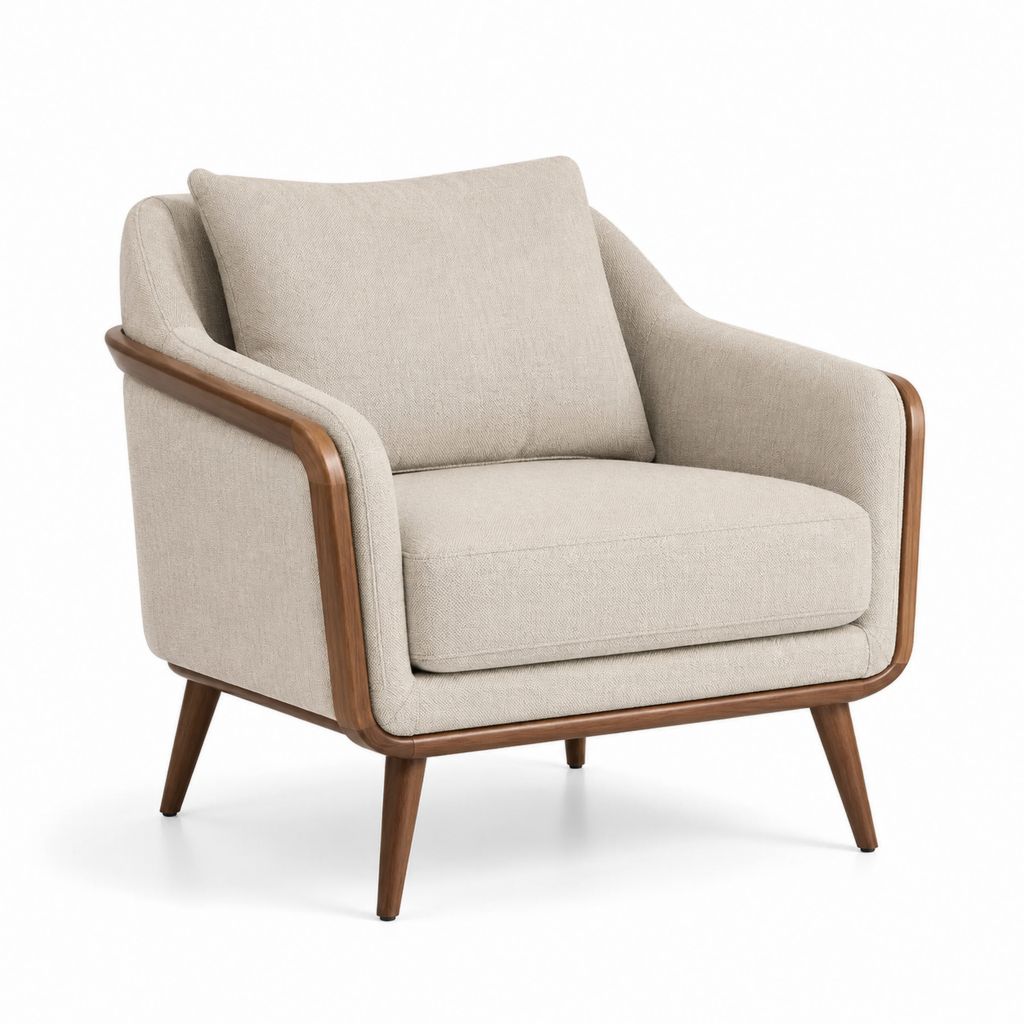 Poltrona da soggiorno beige in poliestere con struttura in legno di noce 76 x 82 x 86 cm