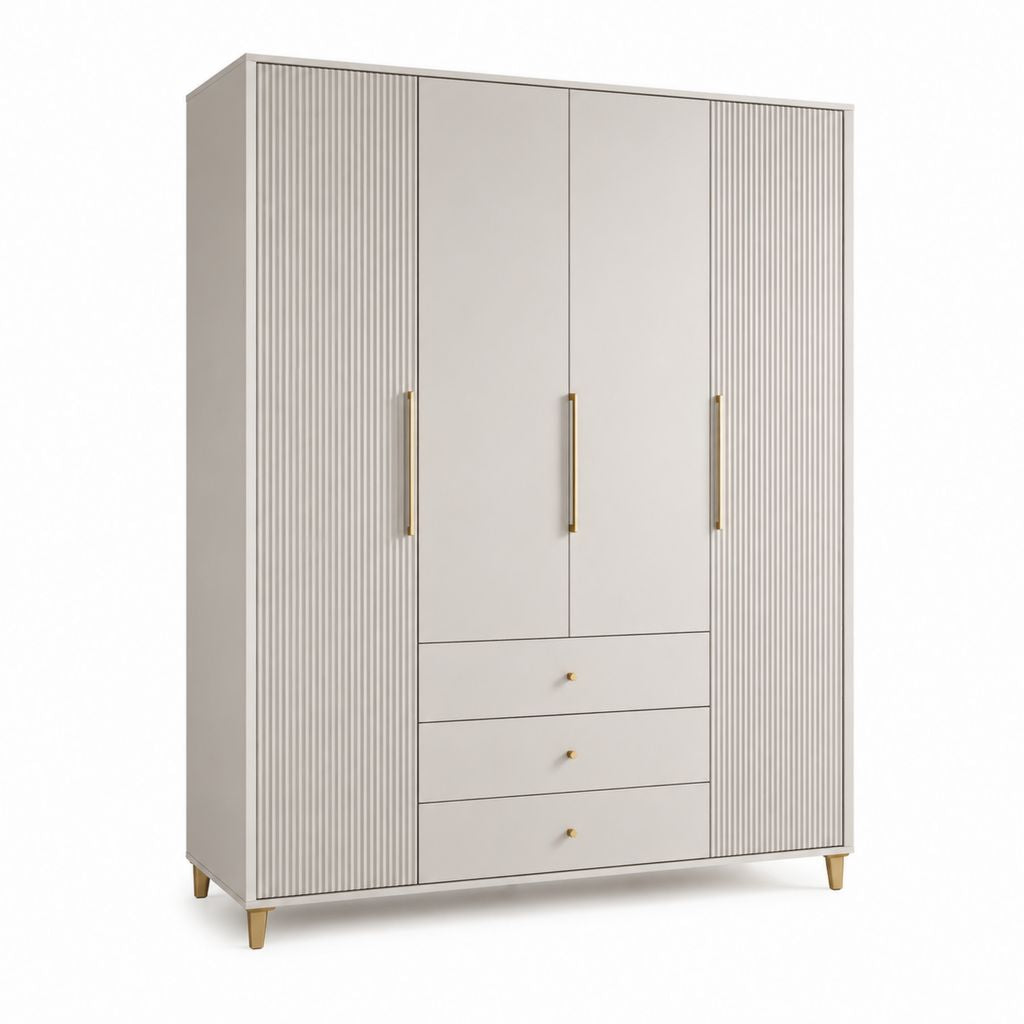 Armadio guardaroba 4 ante 3 cassetti beige in MDF 180 x 55 x 200 cm