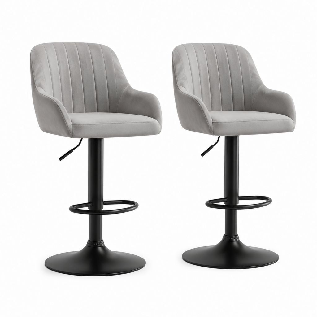 Set 2 sgabelli da bar girevoli grigio in velluto di poliestere con base nera regolabili 52 x 54 x 90-111 cm