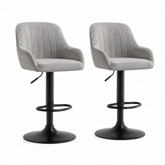 Set 2 sgabelli da bar girevoli grigio in velluto di poliestere con base nera regolabili 52 x 54 x 90-111 cm
