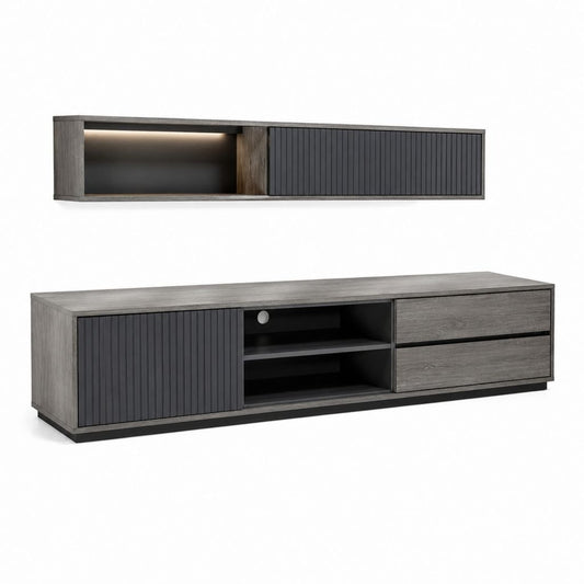 Mobile TV con pensile sospeso grigio rovere e nero in truciolare nobilitato 180 x 40 x 45 cm