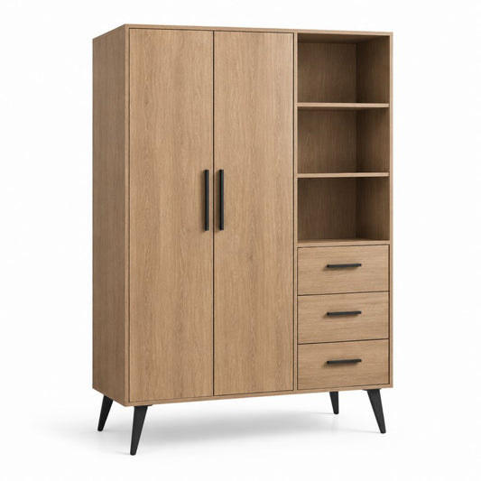 Armadio guardaroba 2 ante con ripiani e 3 cassetti rovere in pannello truciolare 120 x 50 x 190 cm