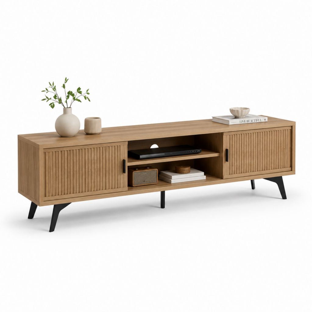 Mobile TV basso 180 x 40 x 60 cm rovere chiaro in MDF con ante scorrevoli e gambe nere