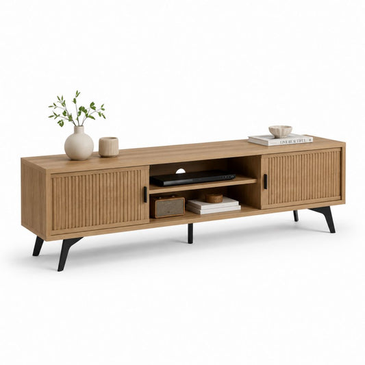 Mobile TV basso 180 x 40 x 60 cm rovere chiaro in MDF con ante scorrevoli e gambe nere