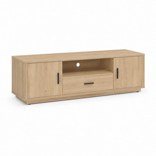 Mobile TV basso rovere chiaro in MDF rettangolare con 2 ante 1 cassetto e vano a giorno 160 x 40 x 60 cm
